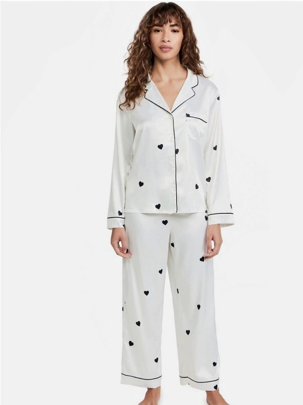 Generation Love Nikki Pajama Set in Cream & Black Heart Satin Set